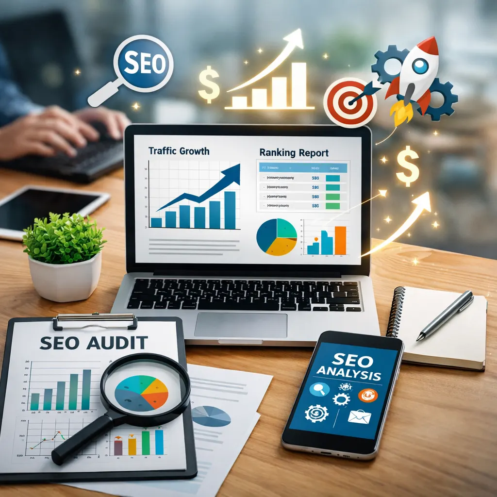 SEO services audit report and traffic growth ranking dashboard displayed on laptop, clipboard and mobile phone