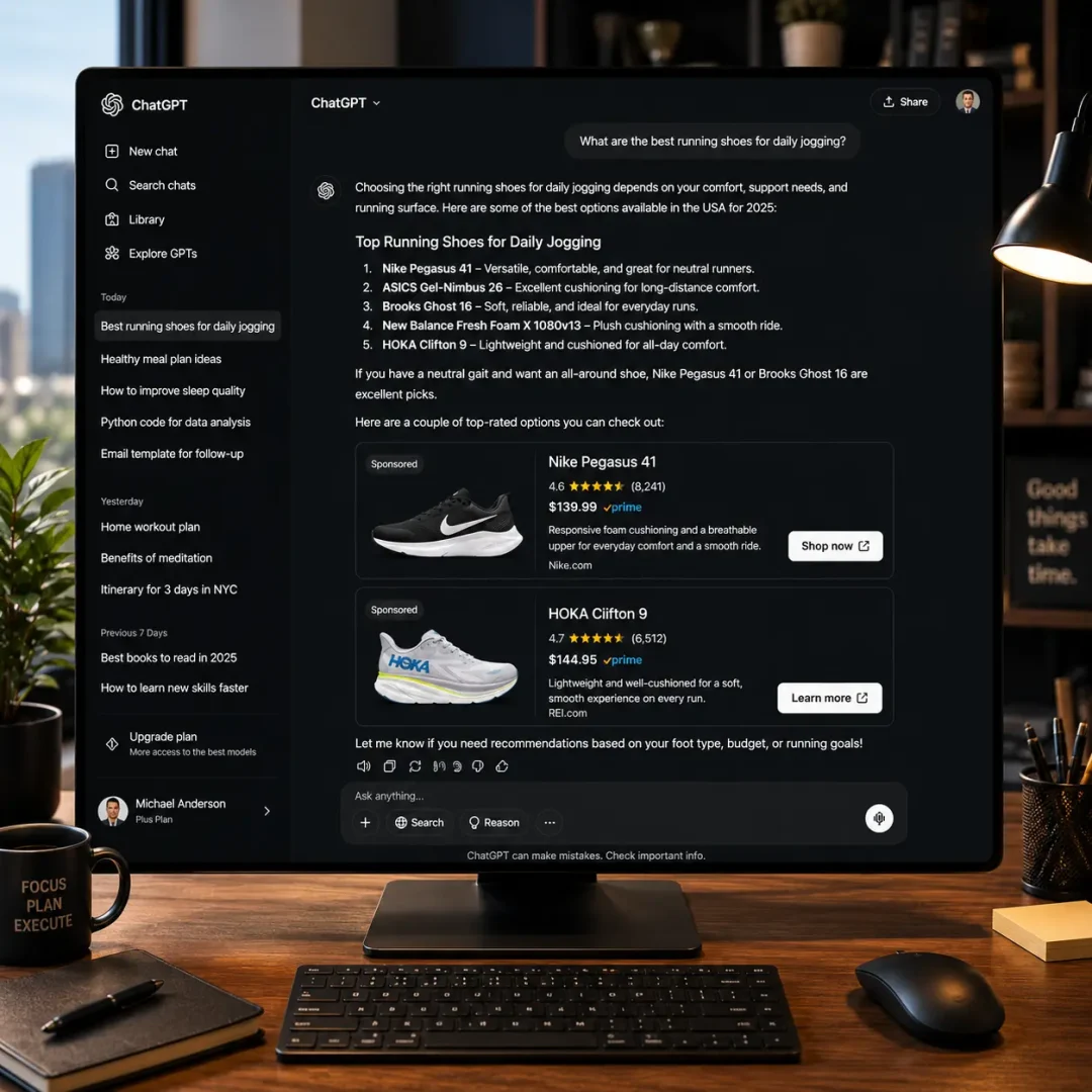 Professional ChatGPT Ads Management interface displaying sponsored product recommendations within ChatGPT responses, showcasing conversational advertising and AI-driven customer engagement.
