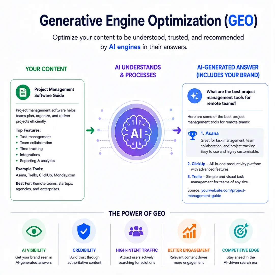 GEO & AI Search Optimization Services infographic showing how valuable content is understood by AI systems and transformed into AI-generated recommendations that increase brand visibility, trust, and discoverability across generative search platforms.